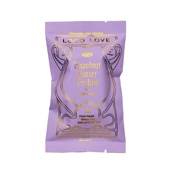 Purple packaging of Loco Love Hazelnut Butter Praline. Vegan, gluten-free, sustainably sourced and no refined sugars. 
Available LOVINLIFE Co Byron Bay.