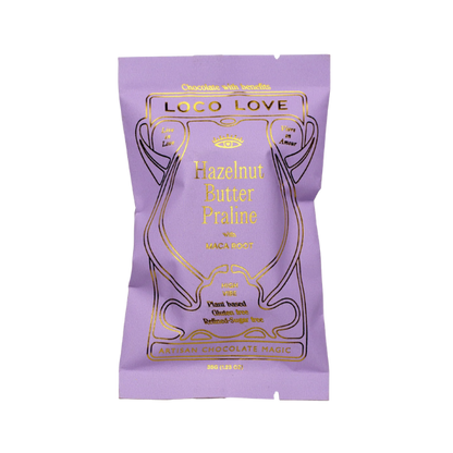 Purple packaging of Loco Love Hazelnut Butter Praline. Vegan, gluten-free, sustainably sourced and no refined sugars. 
Available LOVINLIFE Co Byron Bay.