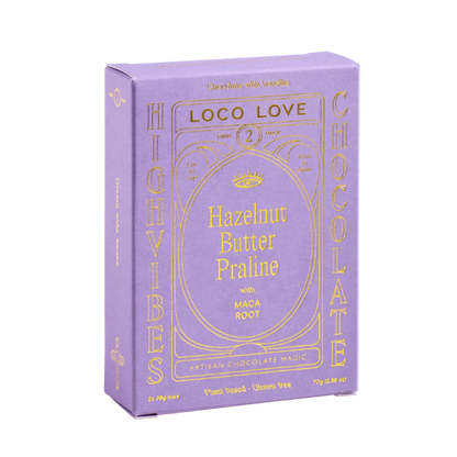 Purple box of Loco Love chocolate with gold text for Hazelnut Butter Praline. Vegan, gluten-free, sustainably sourced and no refined sugars. Each box contains 2 x chocolates.
Available LOVINLIFE Co Byron Bay.