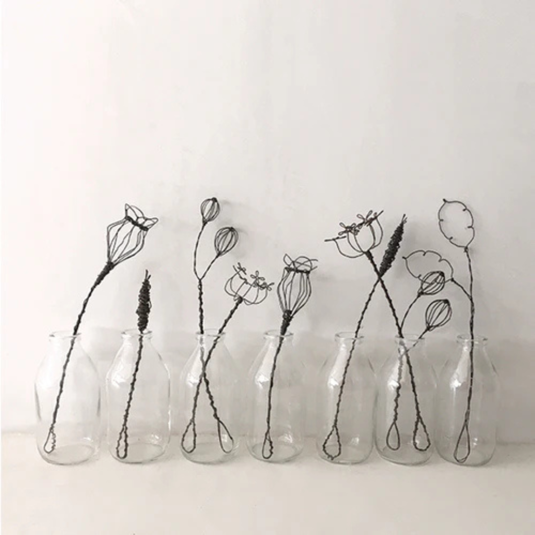 Twisted Wire Sprigs - Poppies, Cow Parsley, Bullrushes, Berries and Honesty pictured standing in clear glass bottles - Stocked at LOVINLIFE Co Byron Bay for all your gifts, candles and interior decorating needs