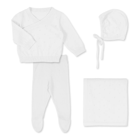 100% organic cotton 4-piece Heirloom Knit Baby Gift Set in white with top, pants, bonnet and blanket on a white background. Set by Aster & Oak and Stocked at LOVINLIFE Co Byron Bay for all your gifts, candles and interior decorating needs
