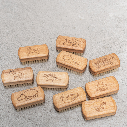 Kellerbursten, Laser etched Children's Nail Brushes - 10 brushes pictured from above showing the many different designs - Stocked at LOVINLIFE Co Byron Bay for all your gifts, candles and interior decorating needs