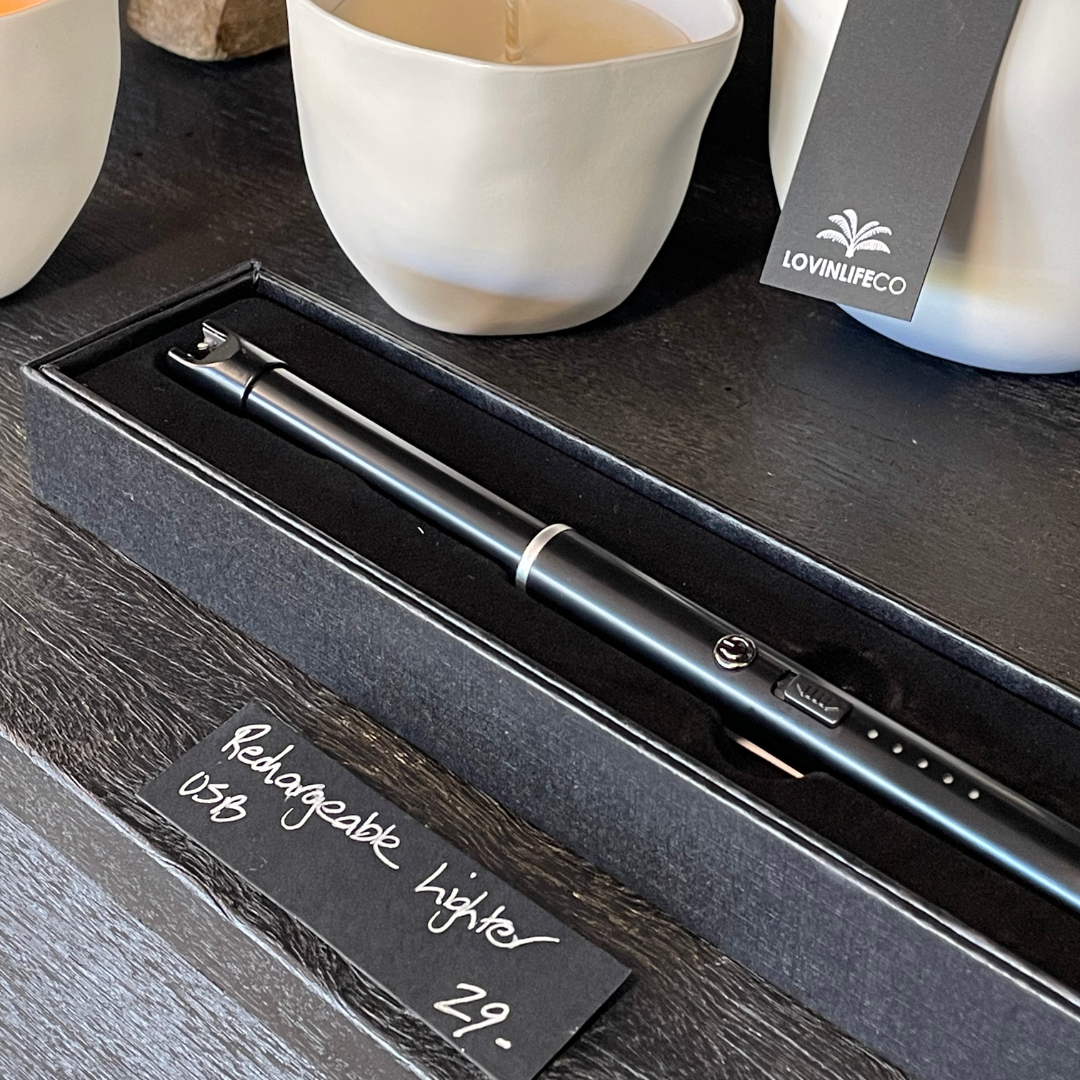 USB Rechargeable Candle and Incense Lighter - Black Lighter pictured in Box with candle in background - Stocked at LOVINLIFE Co Byron Bay for all your gifts, candles and interior decorating needs