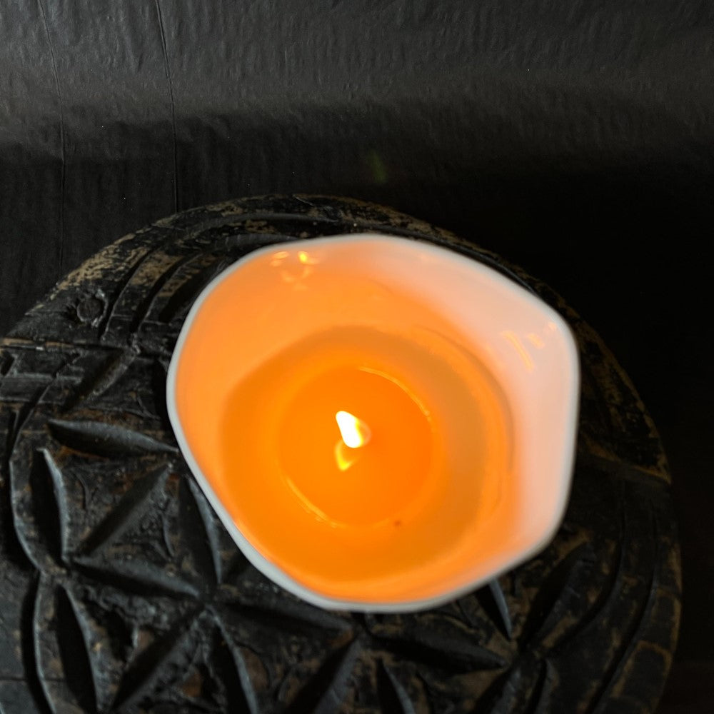 Lovinlife Co ByronBay - Signature Candle Range, also available for wholesale - Hand Made Candle in Re-usable ceramic bowl pictured alight from above - available at LOVINLIFE Co Byron Bay for all your gifts, candles and interior decorating needs