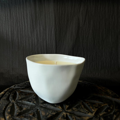 Lovinlife Co ByronBay - Signature Candle Range, also available for wholesale - Hand Made Candle in Re-usable ceramic bowl pictured alight, side view - available at LOVINLIFE Co Byron Bay for all your gifts, candles and interior decorating needs