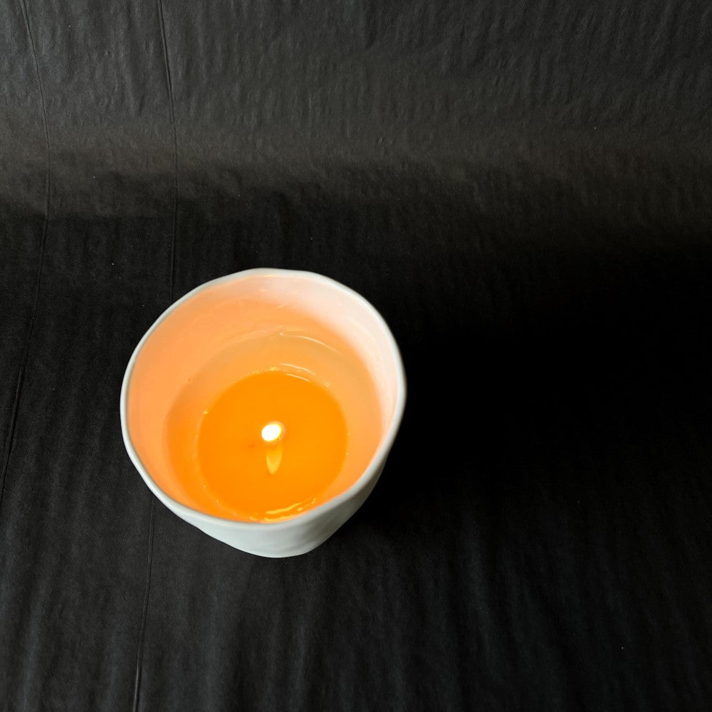 Lovinlife Co ByronBay - Signature Candle Range, also available for wholesale - Hand Made Candle in Re-usable ceramic cup pictured alight from above - available at LOVINLIFE Co Byron Bay for all your gifts, candles and interior decorating needs