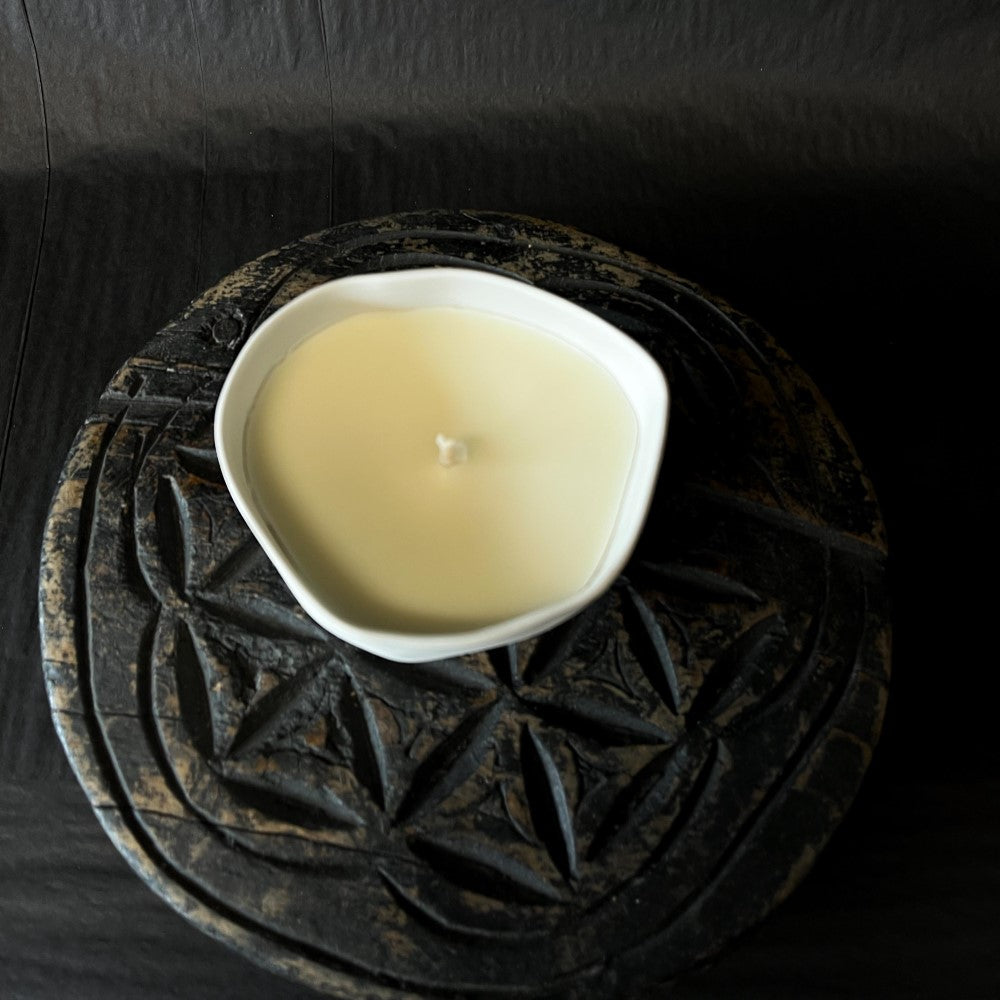 Lovinlife Co ByronBay - Signature Candle Range, also available for wholesale - Hand Made Candle in Re-usable ceramic bowl pictured new, top view, on top of antique wooden serving plate - available at LOVINLIFE Co Byron Bay for all your gifts, candles and interior decorating needs