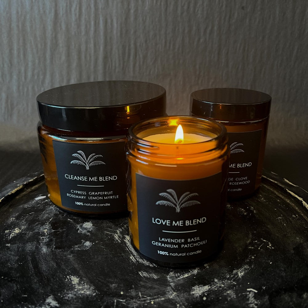 Lovinlife Co ByronBay - Signature Bath Salts and Candles Range, also available for wholesale - Custom All Natural Candle - Cleanse Me - Cyprus Grapefruit Rosemary Lemon Myrtle - also pictured with Balance Me and Love Me Blend Candles on antique Indian wooden tray - Handmade by LOVINLIFE CO Byron Bay for all your gifts, candles and interior decorating needs