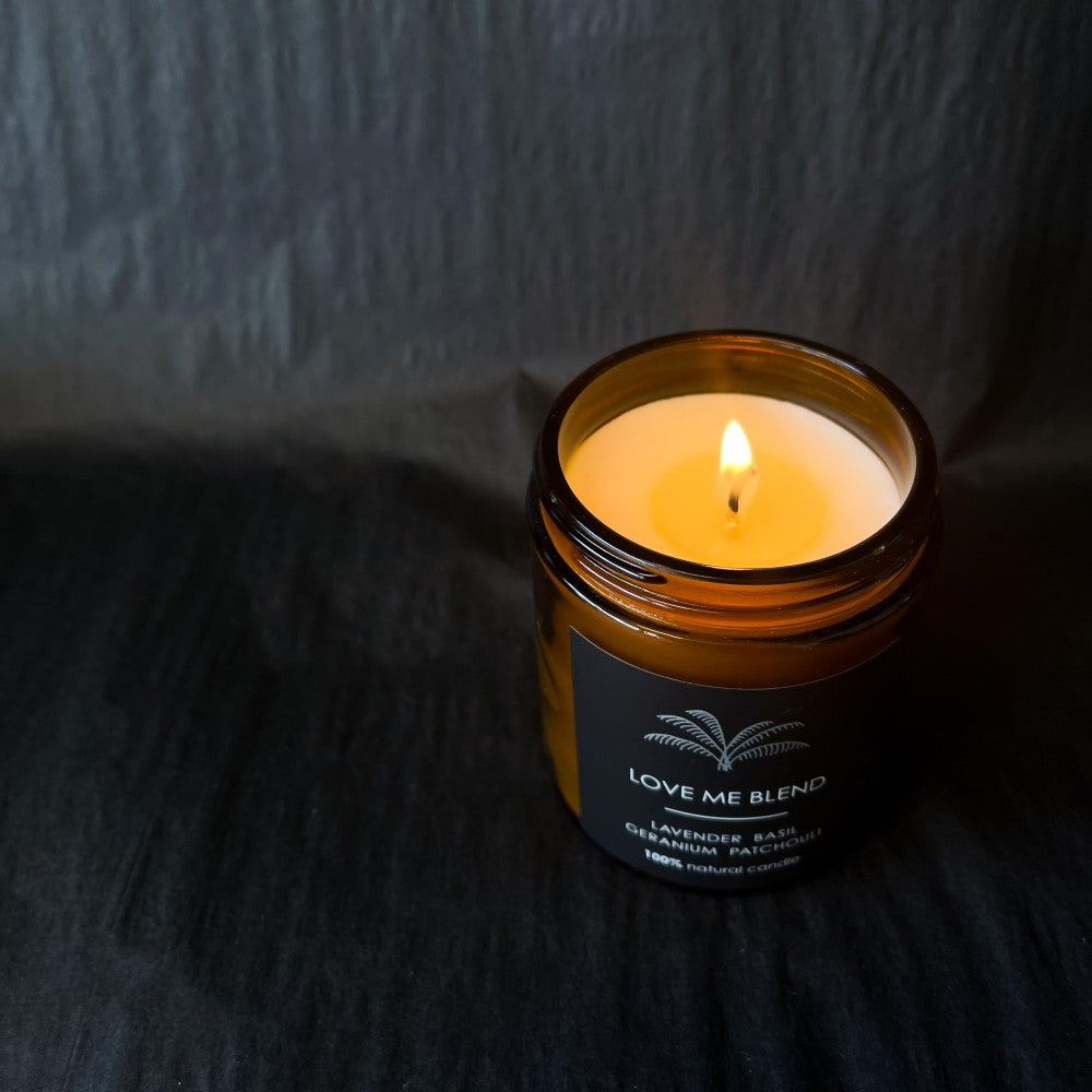 Lovinlife Co ByronBay - Signature Bath Salts and Candles Range, also available for wholesale - Custom All Natural – Small Single Wick Love Me Candle pictured from top with lid off and alight - Lavender Basil Geranium Patchouli - Handmade by LOVINLIFE CO Byron Bay - Available for Wholesale
