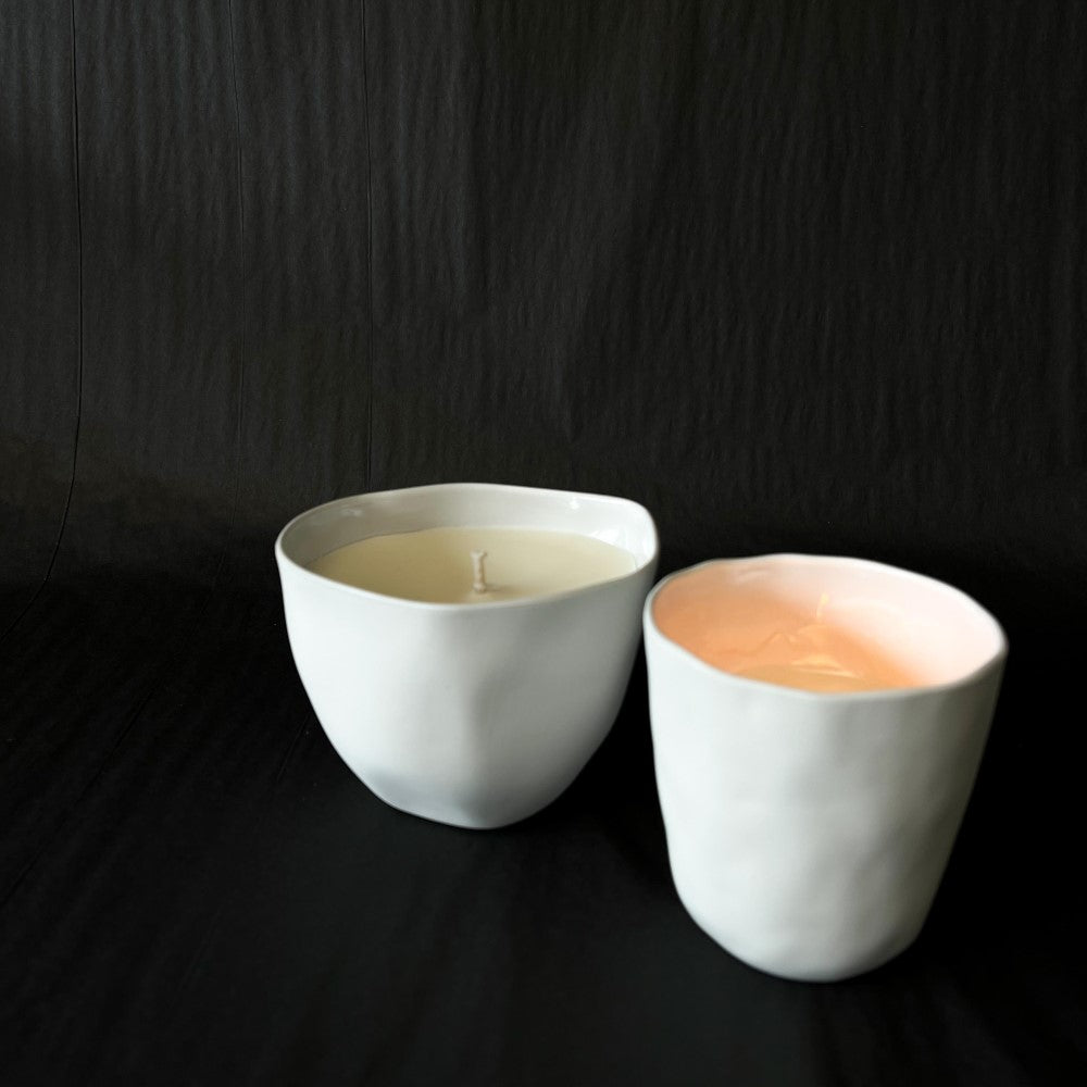 Lovinlife Co ByronBay - Signature Candle Range, also available for wholesale - Hand Made Candle in Re-usable ceramic cup pictured alight on right, with unlit bowl candle on left - available at LOVINLIFE Co Byron Bay for all your gifts, candles and interior decorating needs