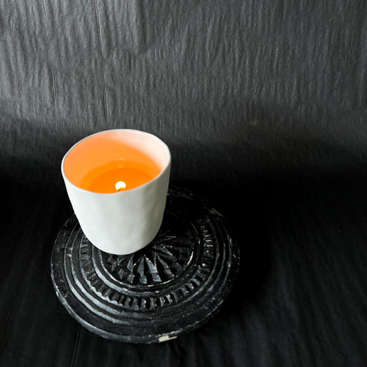 Lovinlife Co ByronBay - Signature Candle Range, also available for wholesale - Hand Made Candle in Re-usable ceramic cup pictured alight on wooden serving tray - available at LOVINLIFE Co Byron Bay for all your gifts, candles and interior decorating needs
