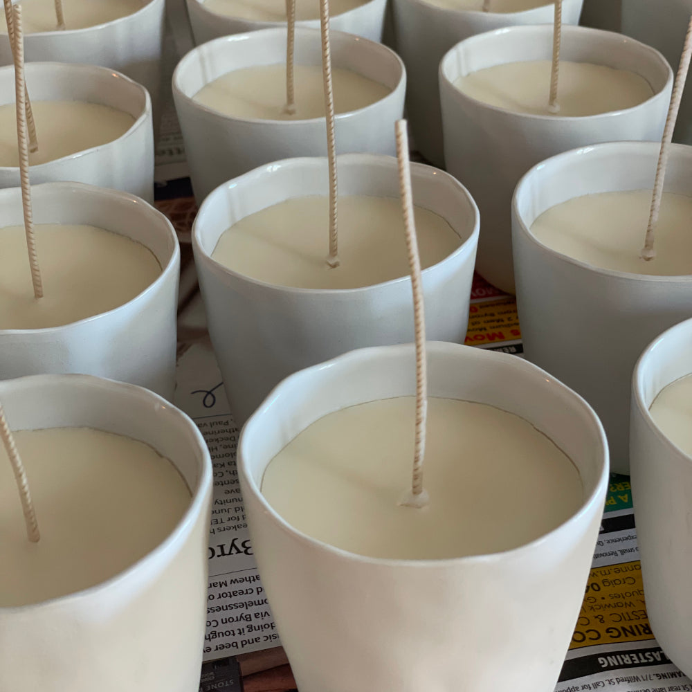 Lovinlife Co ByronBay - Signature Candle Range, also available for wholesale - Hand Made Candle in Re-usable ceramic cups pictured in production - available at LOVINLIFE Co Byron Bay for all your gifts, candles and interior decorating needs