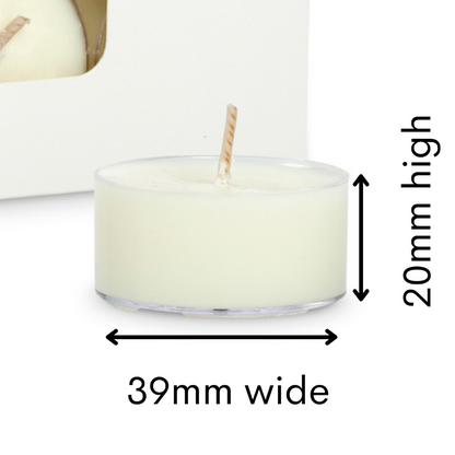 LOVINLIFE Co Byron Bay Signature Range Candles - pure natural unscented soy wax tea light candles - in clear recyclable holders - pictured showing measurements - available in our LOVINLIFE Co Homewares Store in Habitat Village in Byron Bay - for all your gifts, candles and interior decorating needs