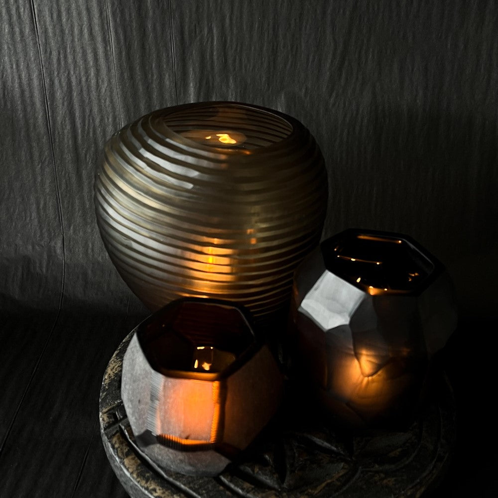 Lines Vase - Candle Holder - Organic shaped glass lantern or vase - medium - with Sculpt and Frosted Black glass lantern on display at LOVINLIFE Co Byron Bay for all your gifts, candles and interior decorating needs