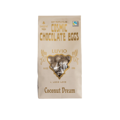 Bag of Loco Love Luvio Cosmic Chocolate Eggs Coconut Dream on a white background. Available at LOVINLIFE Co Byron Bay