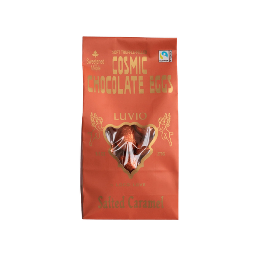 Packaging of Loco Love Cosmic Eggs - Salted Caramel Luvia Cosmic Chocolate Eggs on a white background. Available at LOVINLIFE Co Byron bay