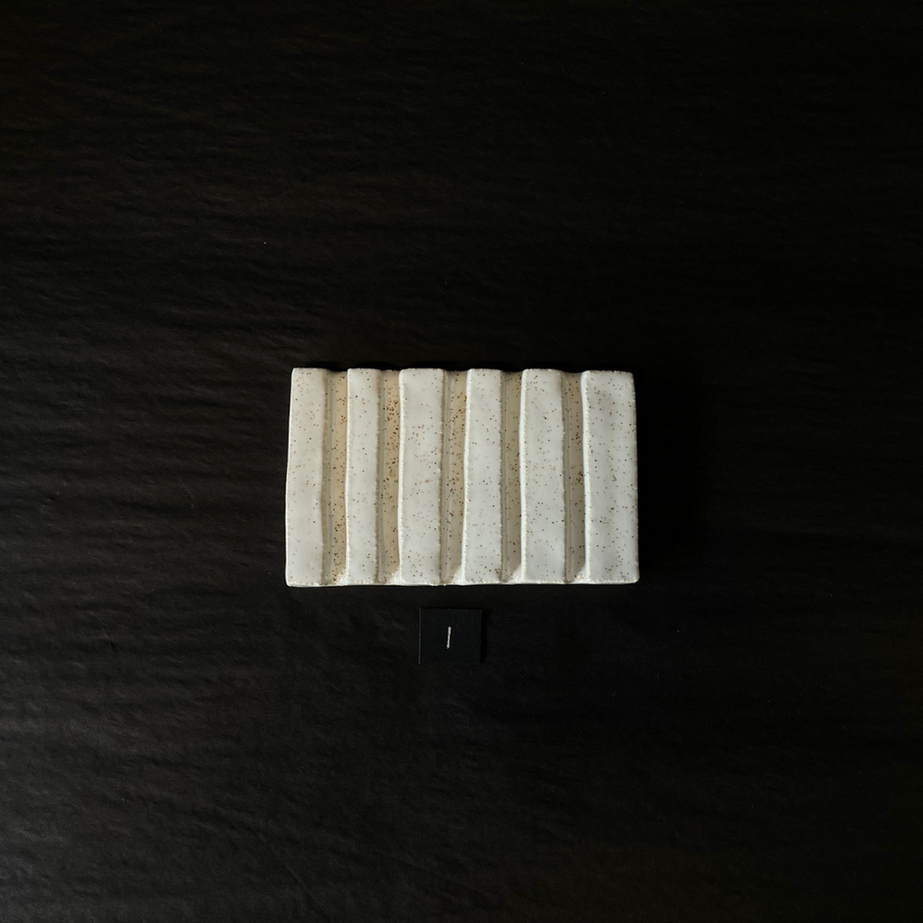 Lovinlife Co ByronBay - Handmade Signature Ceramics Range - Ribbed Soap Dishes finished with a white and tiny gold speckle gloss glaze - S1 pictured from above - available at LOVINLIFE Co Byron Bay for all your gifts, candles and interior decorating needs