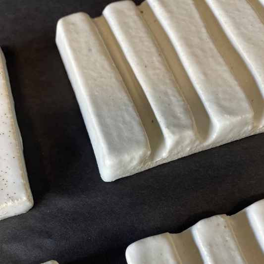 Lovinlife Co ByronBay - Handmade Signature Ceramics Range - Ribbed Soap Dishes finished with a matt milky white glaze - close up of matt milky white glaze - available at LOVINLIFE Co Byron Bay for all your gifts, candles and interior decorating needs