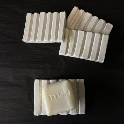 Lovinlife Co ByronBay - Handmade Signature Ceramics Range - White Ribbed Soap Dishes - all 4 pictured, one with Olive Oil Soap Bar resting on top - available at LOVINLIFE Co Byron Bay for all your gifts, candles and interior decorating needs