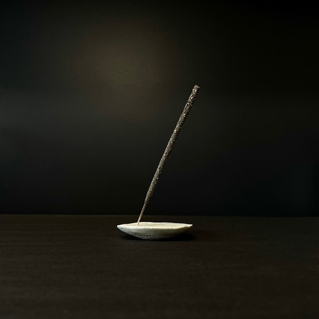Lovinlife Co ByronBay – handmade Ceramic Half Moon Incense Holder with a flat surface these delicate pieces are effortlessly simple and appear to be floating – pictured from side holding incense stick - available at LOVINLIFE Co Byron Bay for all your gifts, candles and interior decorating needs