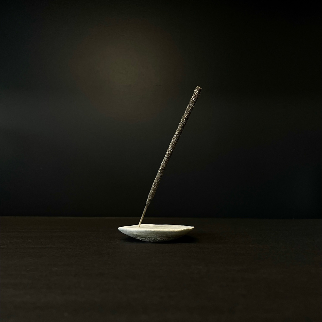 Lovinlife Co ByronBay – handmade Ceramic Half Moon Incense Holder with a flat surface these delicate pieces are effortlessly simple and appear to be floating – pictured from side holding incense stick - available at LOVINLIFE Co Byron Bay for all your gifts, candles and interior decorating needs