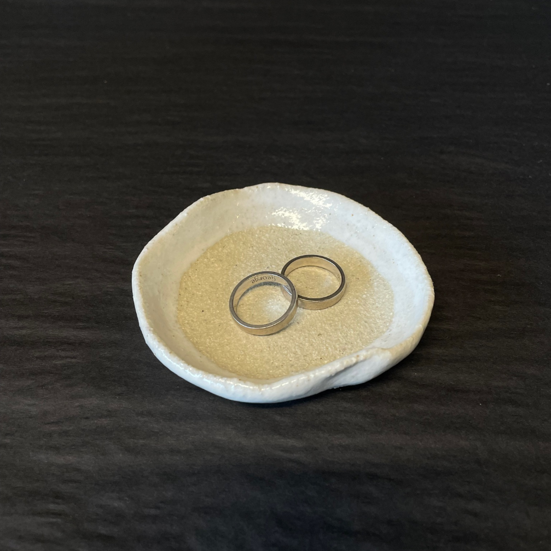 Lovinlife Co ByronBay - Handmade Signature Ceramics Range - Natural white clay dish finished with a milk glaze - Ceramic Tiny Dish D2 - Border pictured holding rings - available at LOVINLIFE Co Byron Bay for all your gifts, candles and interior decorating needs