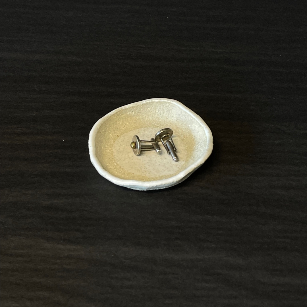 Lovinlife Co ByronBay - Handmade Signature Ceramics Range - Natural white clay dish finished with a milk glaze - Ceramic Tiny Dish D4 - Dot Circle pictured holding cufflinks - available at LOVINLIFE Co Byron Bay for all your gifts, candles and interior decorating needs