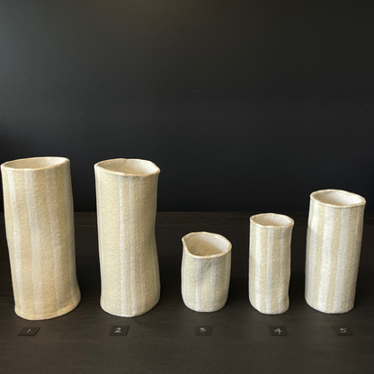 Lovinlife Co ByronBay - Handmade Signature Ceramics Range - Natural white clay vases finished with a ‘milk gloss’ hand painted glaze detail - The Stripe Series, all sizes pictured standing - available at LOVINLIFE Co Byron Bay for all your gifts, candles and interior decorating needs