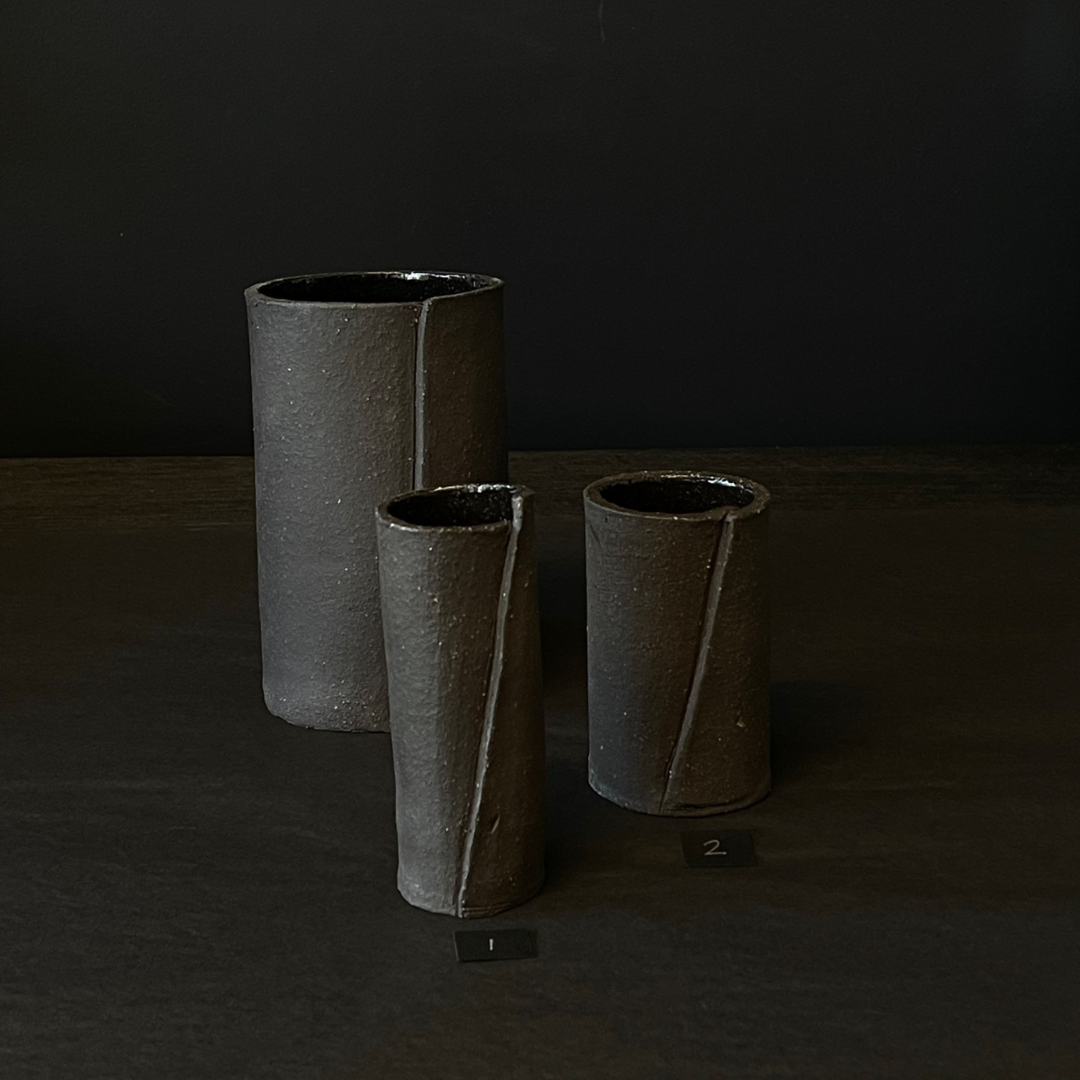 Lovinlife Co ByronBay - Handmade Signature Ceramics Range - Dark Matter Slab Series, matt black stone finish clay pieces - Medium and Small Slab Fold Vases V3 - available at LOVINLIFE Co Byron Bay for all your gifts, candles and interior decorating needs