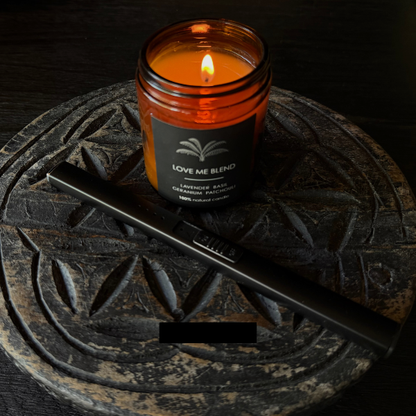 Natural soy Candle in a glass jar labelled 'Love Me Blend' on a dark Vintage Indian Wood Chapati Plate with a USB Rechargeable Candle and Incense Lighter - Black Lighter pictured. Stocked at LOVINLIFE Co Byron Bay for all your gifts, candles and interior decorating needs