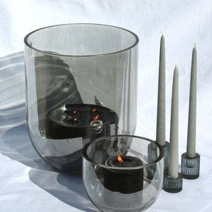 Round Base Candle Holder / Vase from Francalia in Lustre Black, pictured with other items in the Lustre Black Glass candle holder range - Stocked at LOVINLIFE Co Byron Bay for all your gifts, candles and interior decorating needs