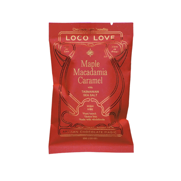 Wrapped (orange) Loco Love Maple Macadamia Caramel Chocolates. Vegan, gluten-free, sustainably sourced and no refined sugars. Available LOVINLIFE Co Byron Bay.