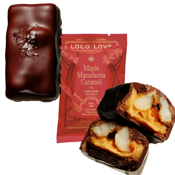 Unwrapped and wrapped (orange) Loco Love Maple Macadamia Caramel Chocolates. Vegan, gluten-free, sustainably sourced and no refined sugars. Available LOVINLIFE Co Byron Bay.