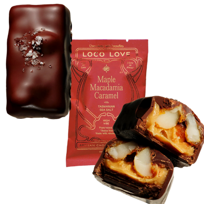 Unwrapped and wrapped (orange) Loco Love Maple Macadamia Caramel Chocolates. Vegan, gluten-free, sustainably sourced and no refined sugars. Available LOVINLIFE Co Byron Bay.