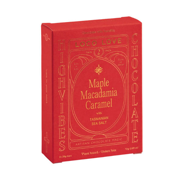 Twin box of Loco Love 'Maple Macadamia Caramel' Chocolate. Red box and wrapper. Vegan • gluten-free • sustainably sourced • no refined sugar. Available at LOVINLIFE Co Byron bay