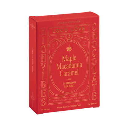 Twin box of Loco Love 'Maple Macadamia Caramel' Chocolate. Red box and wrapper. Vegan • gluten-free • sustainably sourced • no refined sugar. Available at LOVINLIFE Co Byron bay