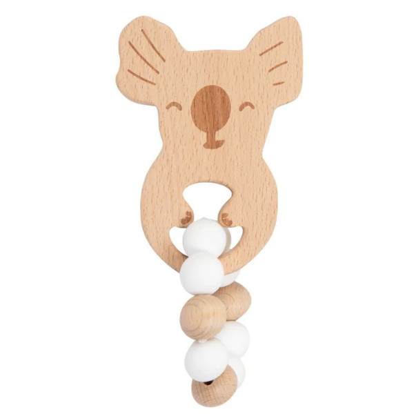 Wooden teething toy - Koko Koala Ring  with Natural & White coloured wood beads - Available at LOVINLIFE Co Byron Bay