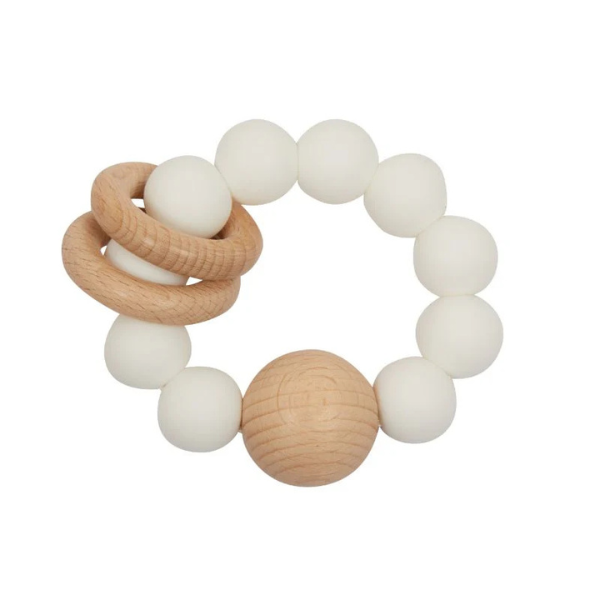 White Silicone Ring teething toy with natural wood bead and rings - Available at LOVINLIFE Co Byron Bay