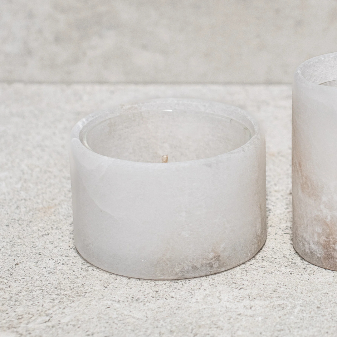 Alabaster Votive Candles by Natures Atelier - large size pictured on a natural coloured bench - Stocked at LOVINLIFE Co Byron Bay for all your gifts, candles and interior decorating needs