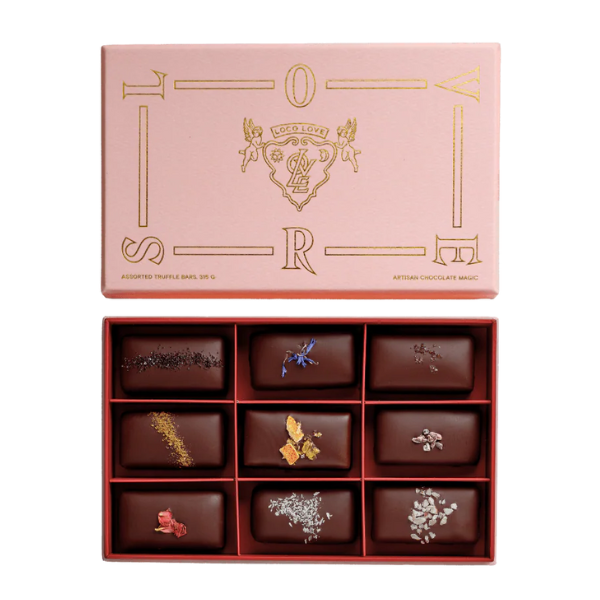 Flat lay of open chocolate box with 9 x Loco Love Chocolates inside. Available at LOVINLIFE Co Byron Bay