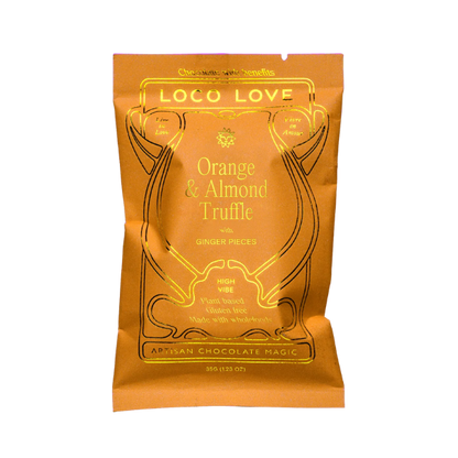 Orange packaging of Loco Love Orange & Almond Truffle Chocolates. Vegan, gluten-free, sustainably sourced and no refined sugars. 
Available LOVINLIFE Co Byron Bay.