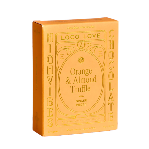 Orange box of Loco Love chocolate with gold text for Orange & Almond Truffle. Vegan, gluten-free, sustainably sourced and no refined sugars. Each box contains 2 x chocolates.
Available LOVINLIFE Co Byron Bay.