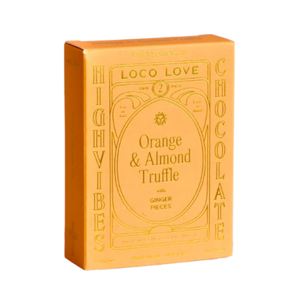 Orange box of Loco Love chocolate with gold text for Orange & Almond Truffle. Vegan, gluten-free, sustainably sourced and no refined sugars. Each box contains 2 x chocolates.
Available LOVINLIFE Co Byron Bay.