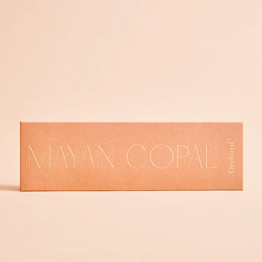 Orchard – Incense Natural Myan Copal. A pack of twelve sacred incense sticks pictured with the words “Myan Copal” on the front. Each stick is made entirely by hand, purely from plants and completely free of synthetic oils and fragrances - Stocked at LOVINLIFE Co Byron Bay for all your gifts, candles, homewares and interior decorating needs