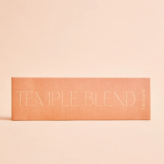 Orchard – Incense Natural Temple Blend. A pack of twelve sacred incense sticks pictured with the words “Temple Blend” on the front. A meditative combination of Himalayan Cedar, Sage, and Frankincense Resin. Each stick is made entirely by hand, purely from plants and completely free of synthetic oils and fragrances - Stocked at LOVINLIFE Co Byron Bay for all your gifts, candles, homewares and interior decorating needs
