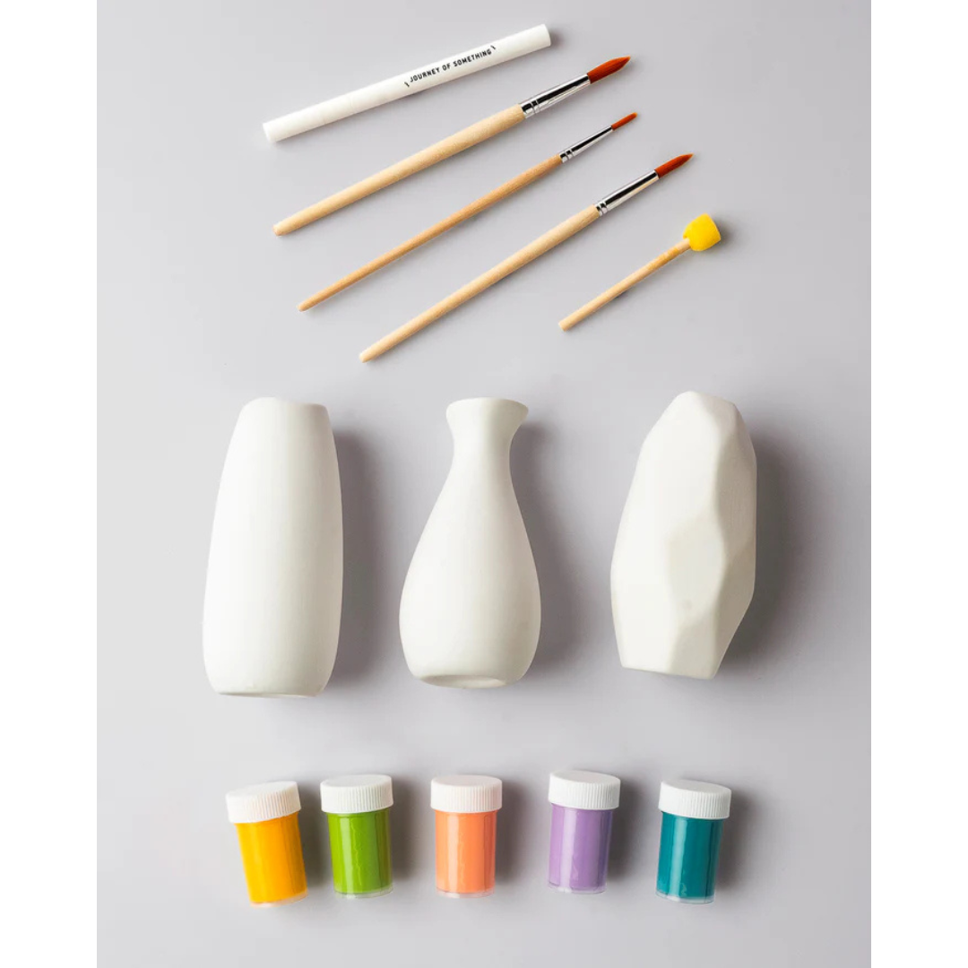 Vase Kit - Paint Your Own by Journey of Something - kit contents pictured as a flat lay - Stocked at LOVINLIFE Co Byron Bay for all your gifts, candles and interior decorating needs