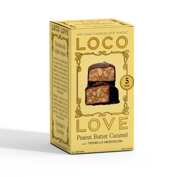 Yellow box of Loco Love Peanut Butter Caramel with Tremella Mushroom chocolate bars. 5 Pack. Vegan, gluten-free, sustainably sourced and no refined sugars. Each box contains 2 x chocolates.
Available LOVINLIFE Co Byron Bay.