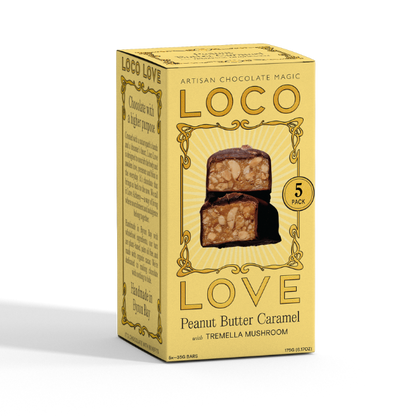 Yellow box of Loco Love Peanut Butter Caramel with Tremella Mushroom chocolate bars. 5 Pack. Vegan, gluten-free, sustainably sourced and no refined sugars. Each box contains 2 x chocolates.
Available LOVINLIFE Co Byron Bay.