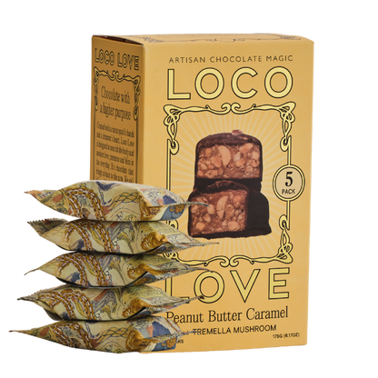 5 Pack, Yellow box of Loco Love Peanut Butter Caramel with Tremella Mushroom chocolate bars, next to stack of 5 chocolates. Vegan, gluten-free, sustainably sourced and no refined sugars. Each box contains 2 x chocolates.
Available LOVINLIFE Co Byron Bay.