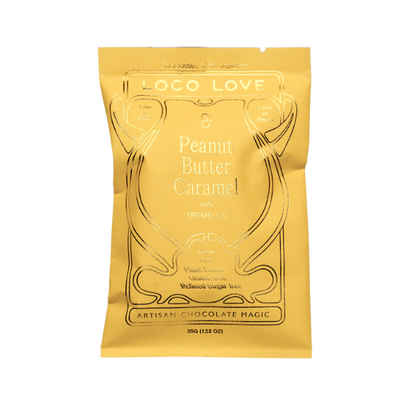 Butter Yellow packaging of Loco Love Peanut Butter Caramel Chocolate. Vegan, gluten-free, sustainably sourced and no refined sugars. 
Available LOVINLIFE Co Byron Bay.